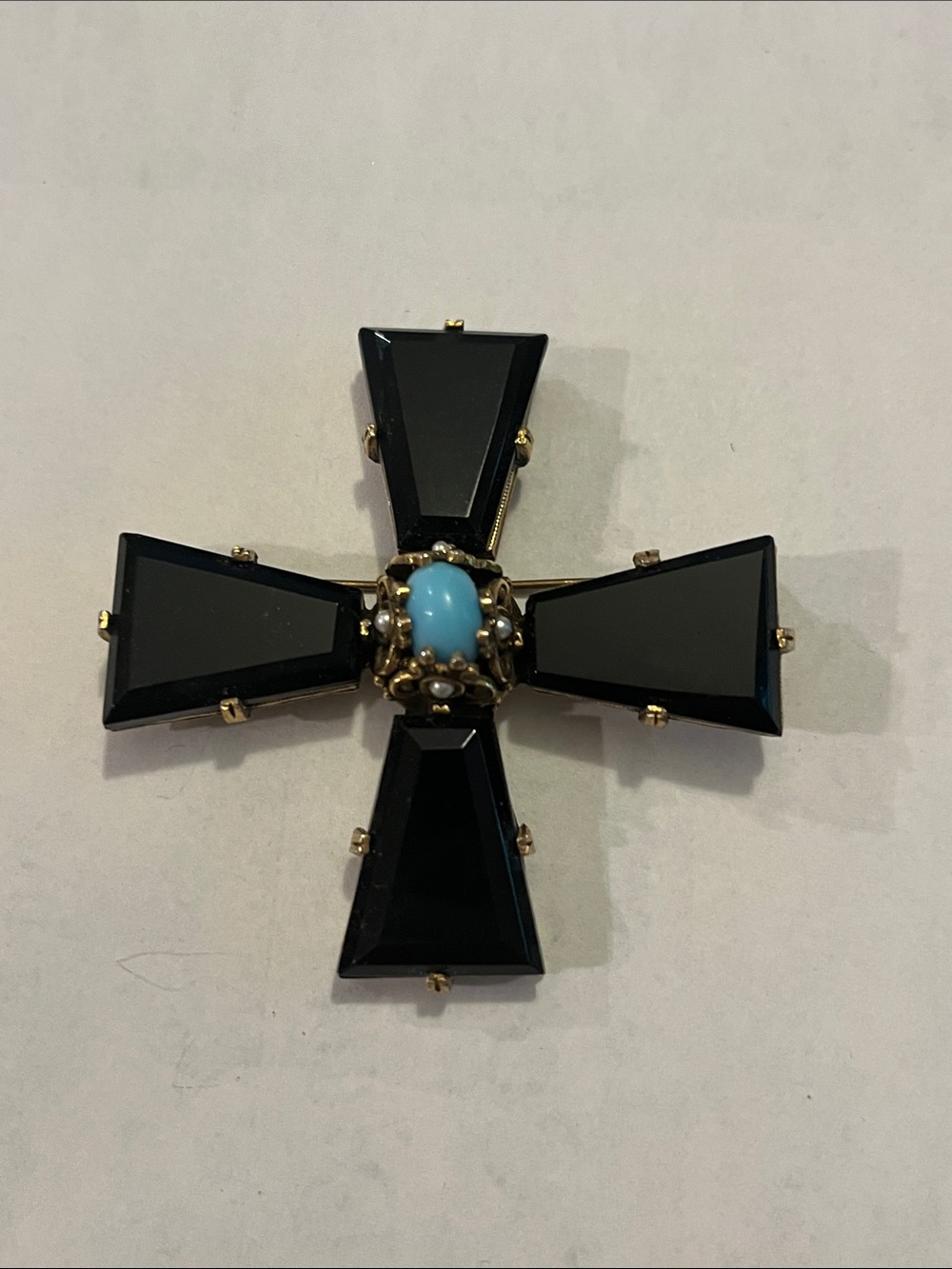 Vntg. Black and Turquoise Cross Brooch in Gold-Tone Setting